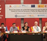 Mesa inaugural del Encuentro, de izquierda a derecha: Tito Contreras, oficial de Cooperación de la Delegación de la Unión Europea en Colombia; Daniel Andrés Cruz Cárdenas, coordinador de Prevención del Delito del Ministerio de Relaciones Exteriores de Colombia; Sofía Mata Morón, directora del Cfce Cartagena de Indias; Bo Mathiasen, representante de UNODC en Colombia y Pauline Dunoyer, oficial de Proyectos de Migration EU expertise